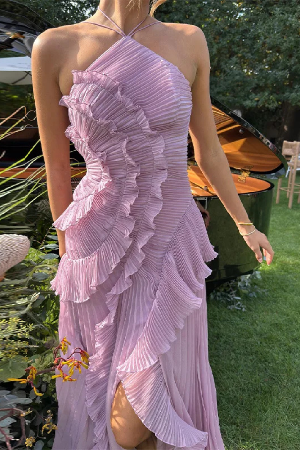 Ruffled Halter Open-Back Maxi Dress with Asymmetric Hem – view 7