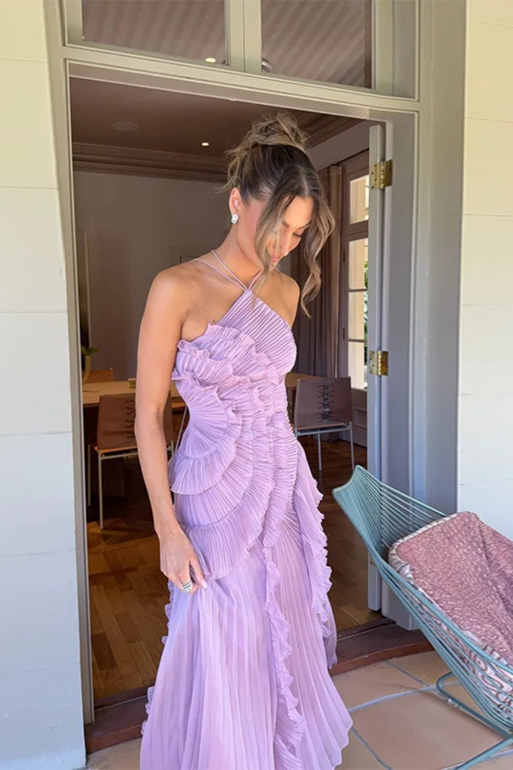Ruffled Halter Open-Back Maxi Dress with Asymmetric Hem – view 8
