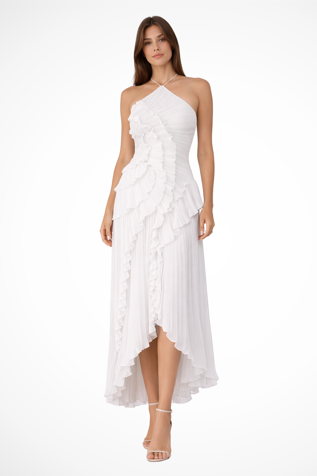 White Ruffled Halter Open-Back Maxi Dress with Asymmetric Hem