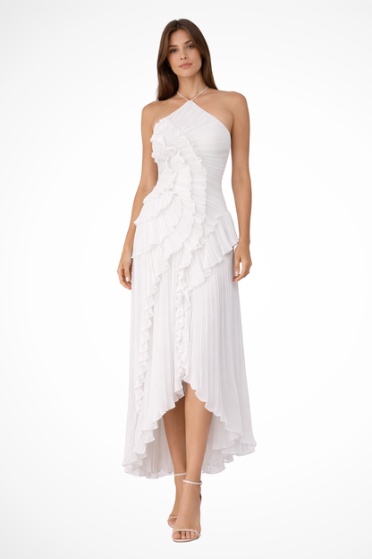 White Ruffled Halter Open-Back Maxi Dress with Asymmetric Hem
