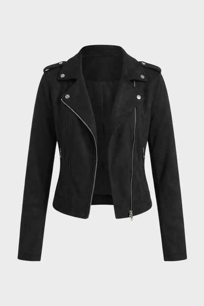 Women's beige biker jacket, lapel collar detail