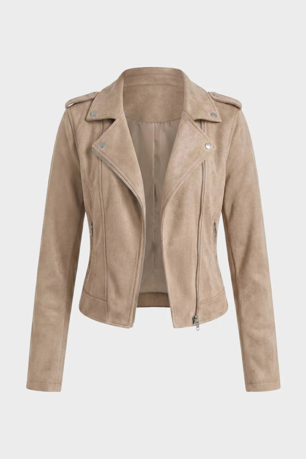 Women's green biker jacket, close-up of zip front