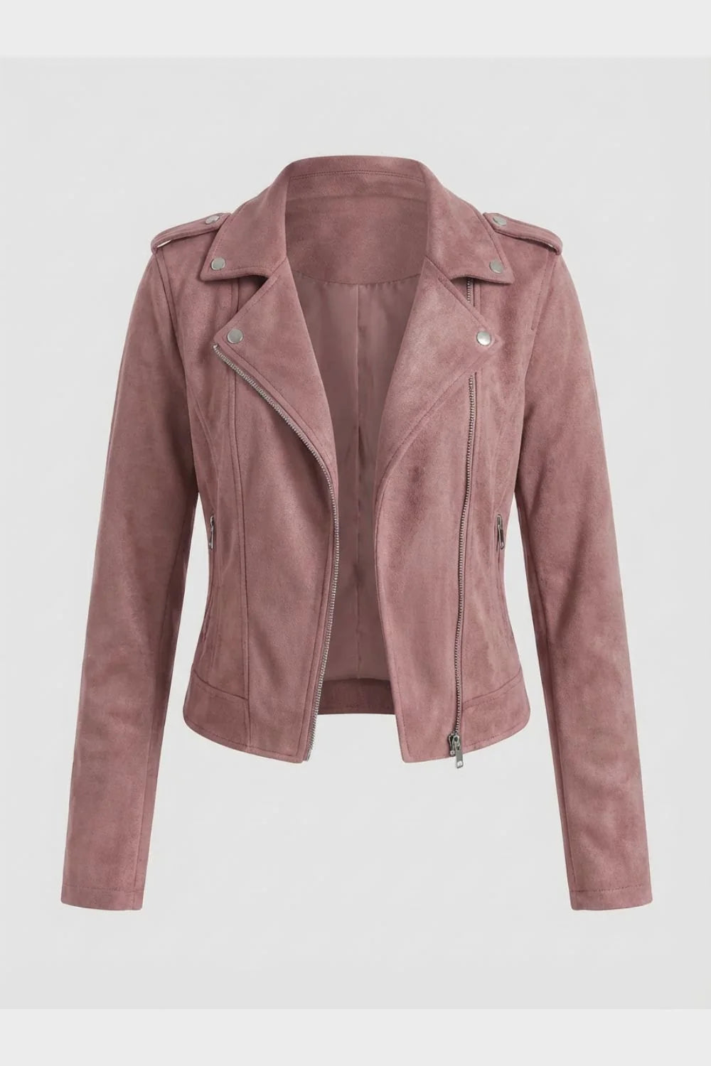 Women's black biker jacket, front view