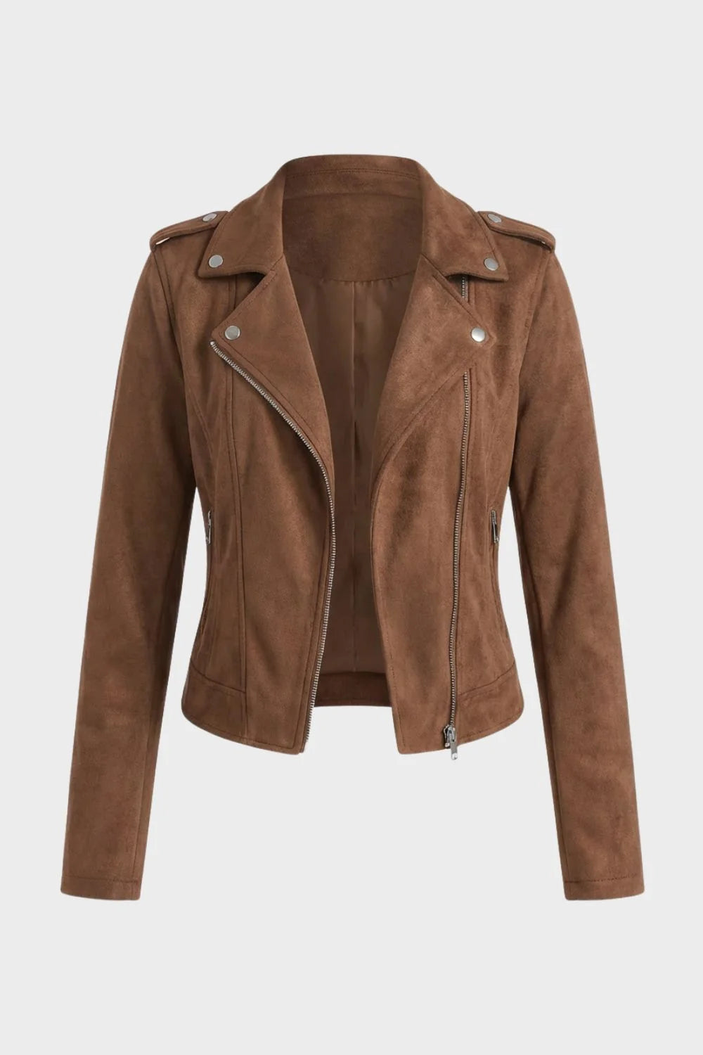 Women's beige biker jacket with metal-look details