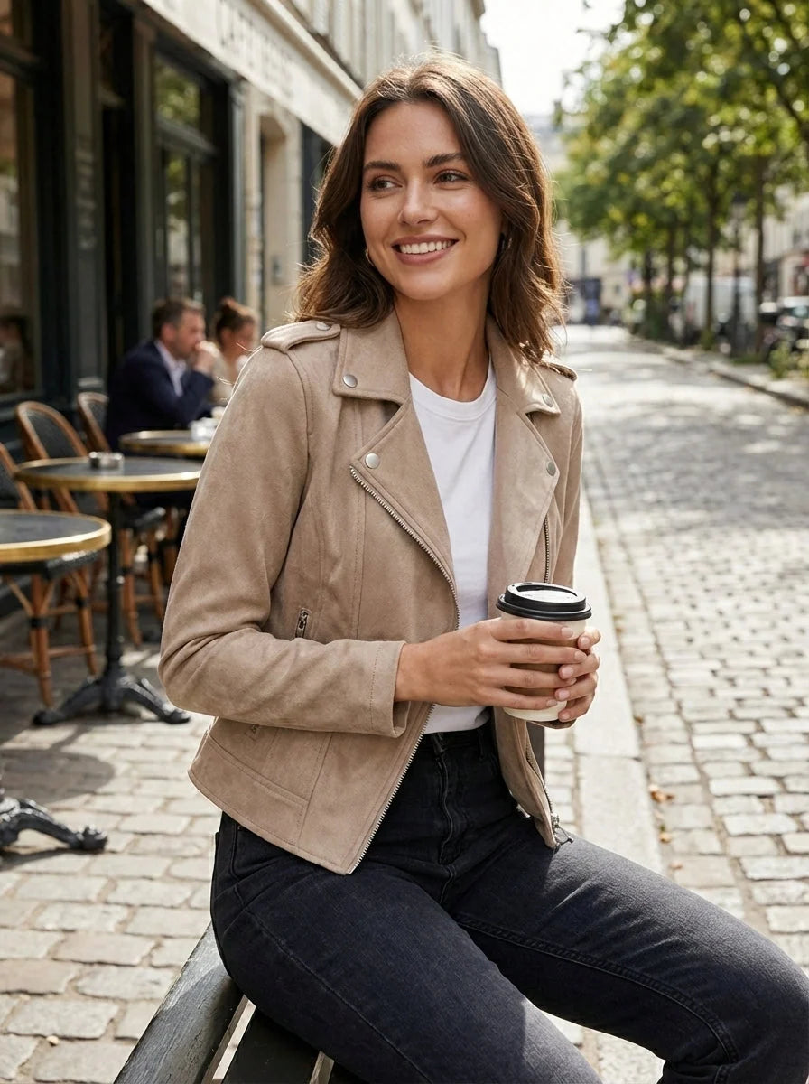 Women's brown biker jacket, zip pocket detail