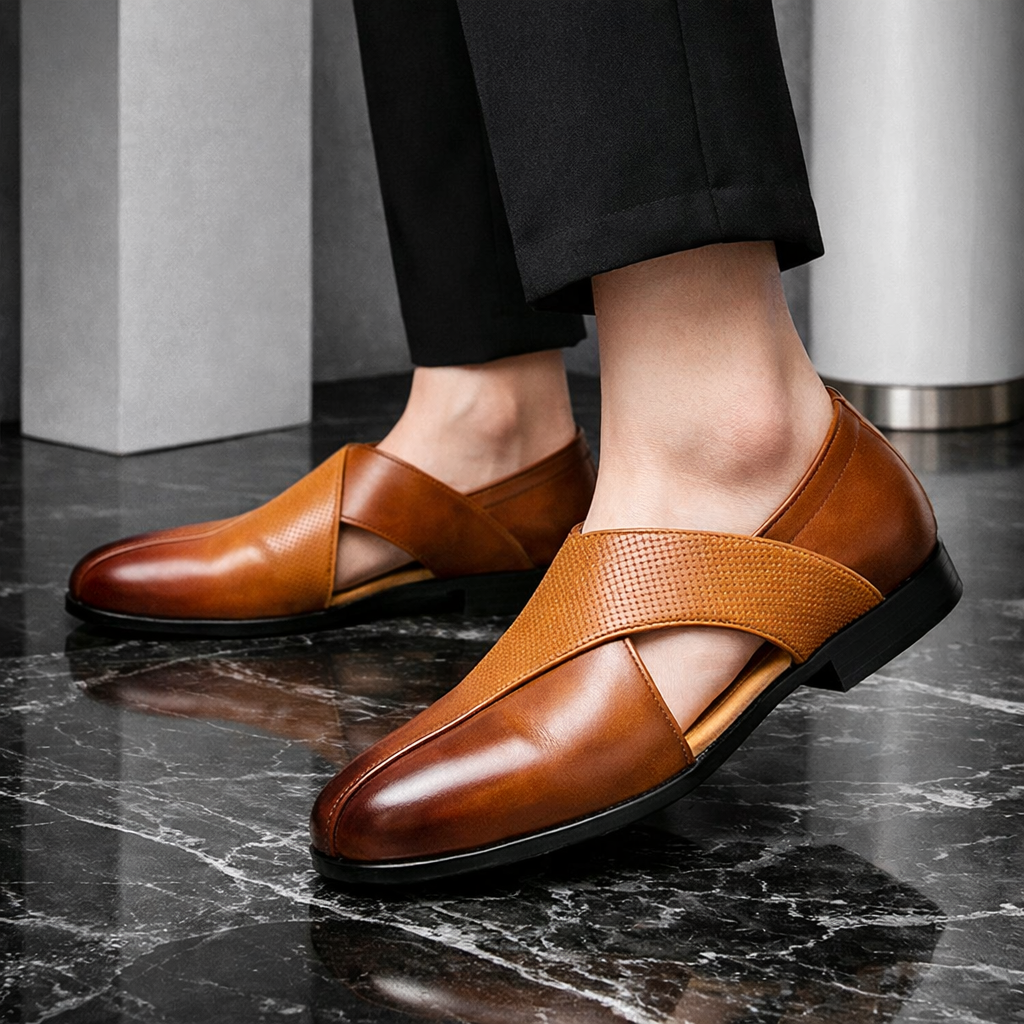 Men's brown leather loafers slip-on dress shoes
