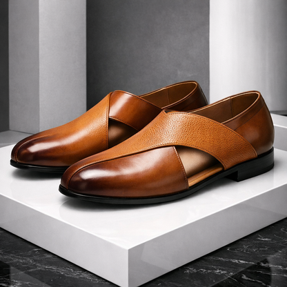 Men's brown leather loafers slip-on dress shoes