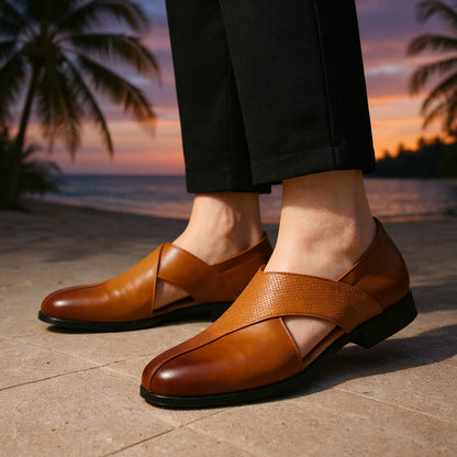 Men's brown leather loafers slip-on dress shoes