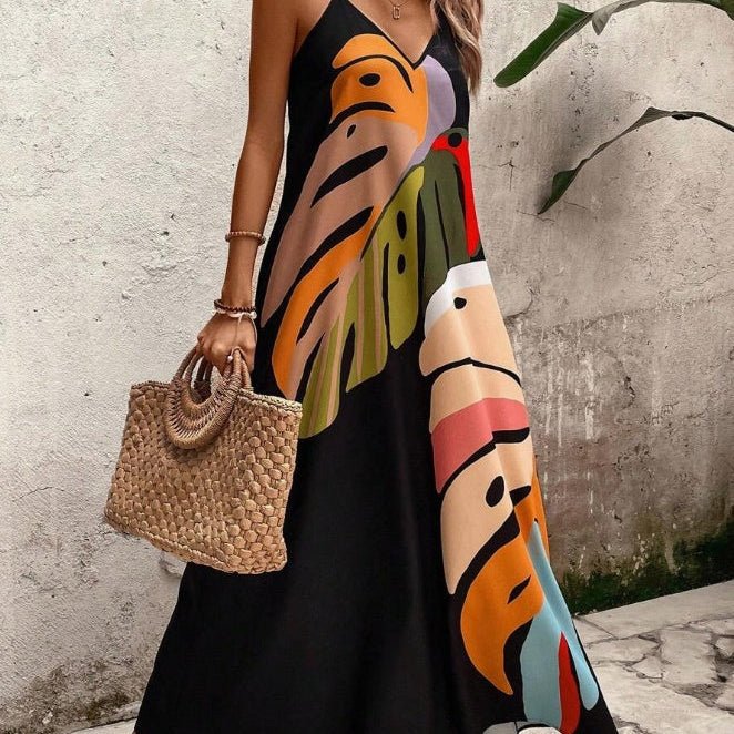 Women's multicolor tropical leaf print sleeveless maxi dress