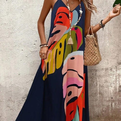 Women's multicolor tropical leaf print sleeveless maxi dress