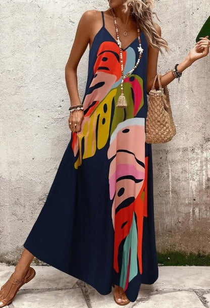 Women's multicolor tropical leaf print sleeveless maxi dress