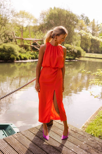 Women's yellow sleeveless crew neck midi dress with side slit