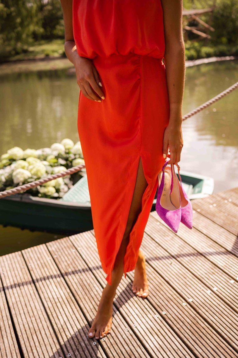 Women's yellow sleeveless crew neck midi dress with side slit