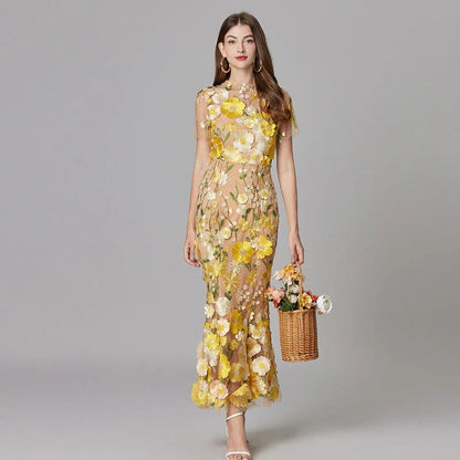 Women's yellow floral applique sleeveless maxi dress