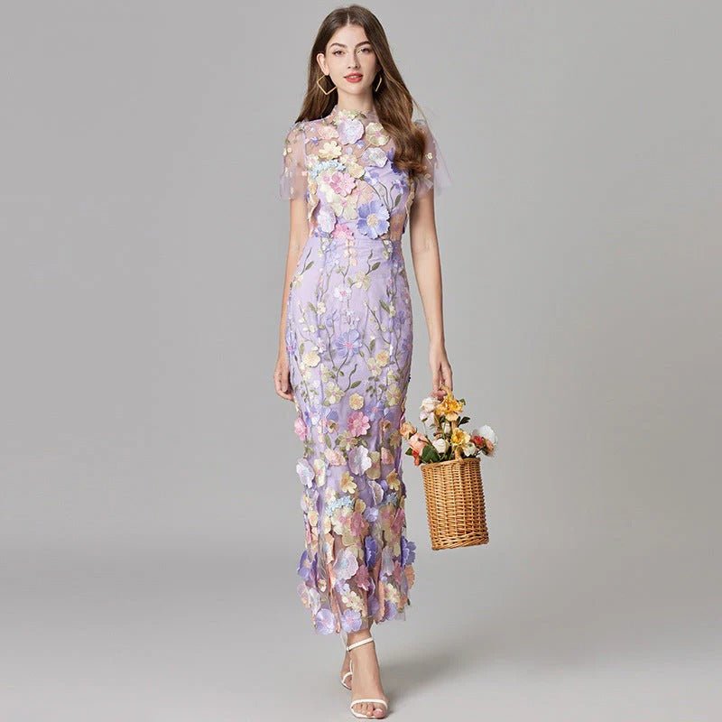 Women's yellow floral applique sleeveless maxi dress