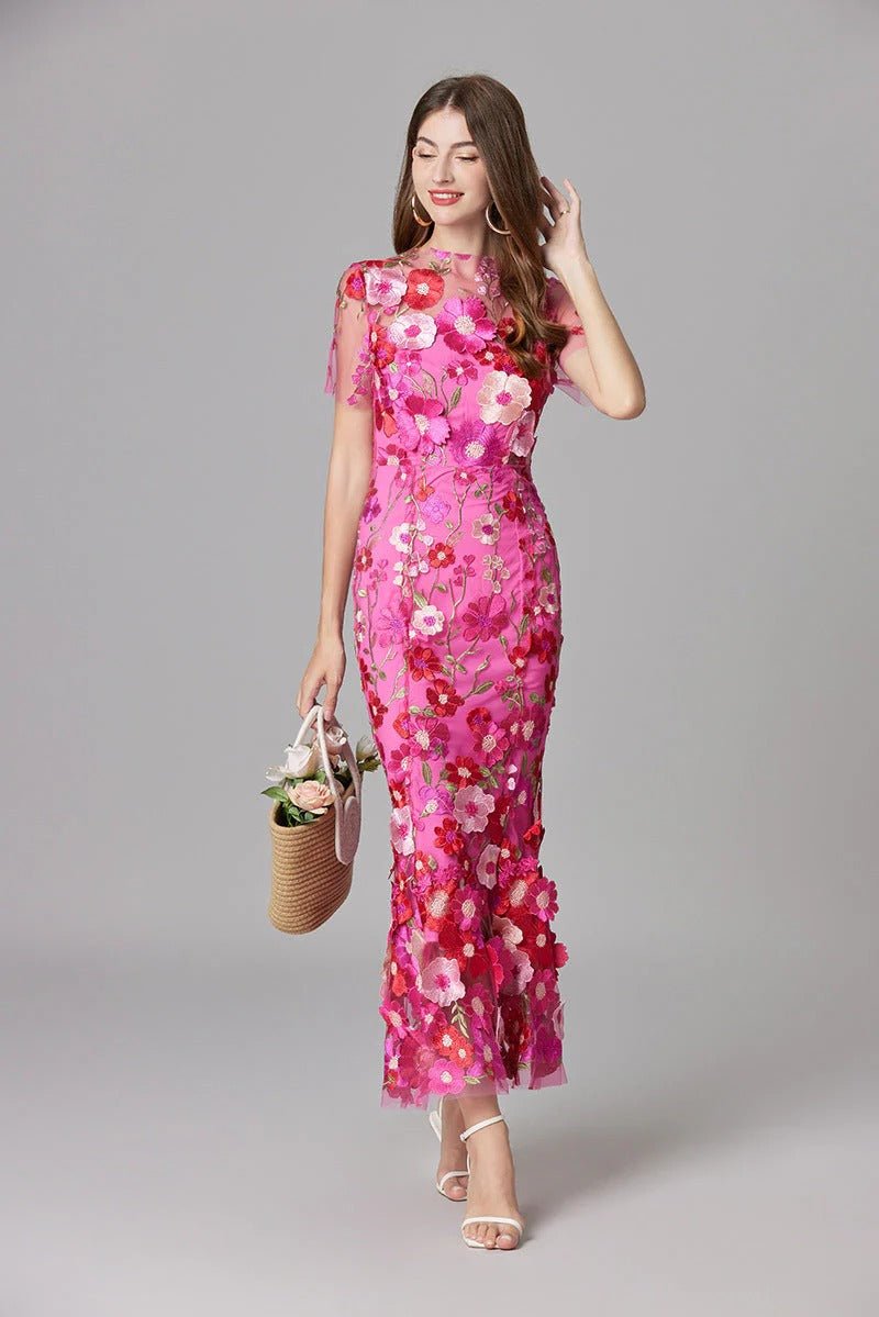Women's beige floral applique sleeveless maxi dress