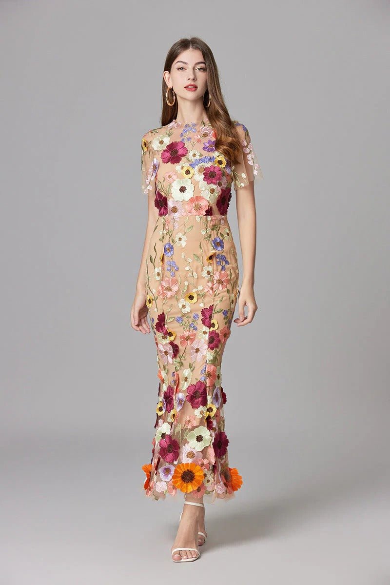 Women's beige floral applique sleeveless maxi dress