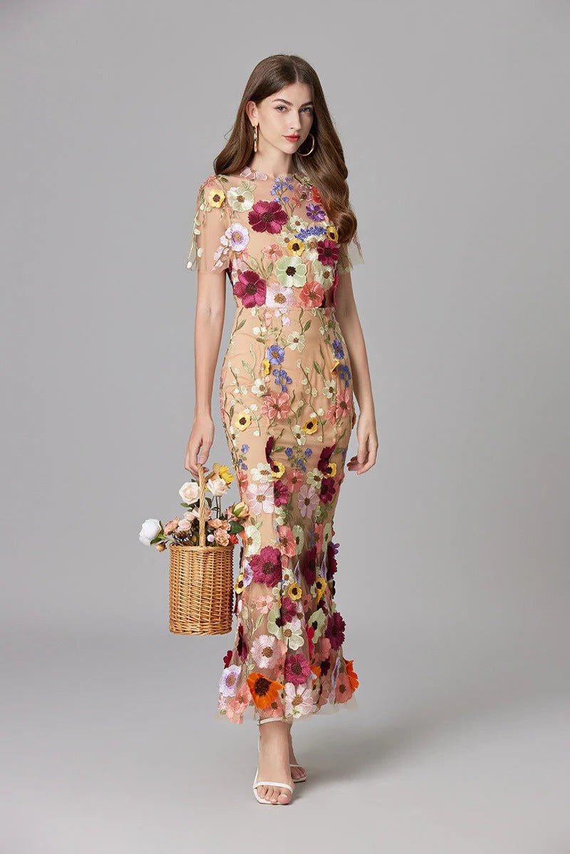 Women's beige floral applique sleeveless maxi dress