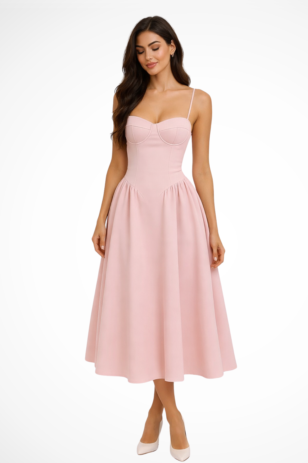 Women's pink corset bodice a-line midi wedding guest dress
