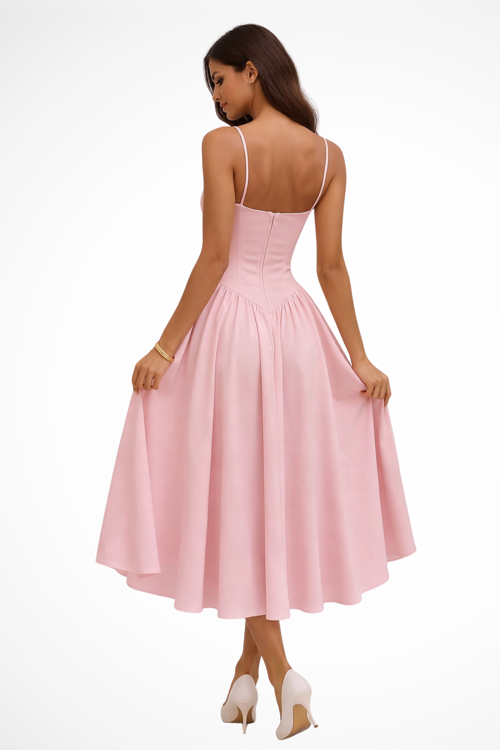 Women's pink corset bodice a-line midi wedding guest dress