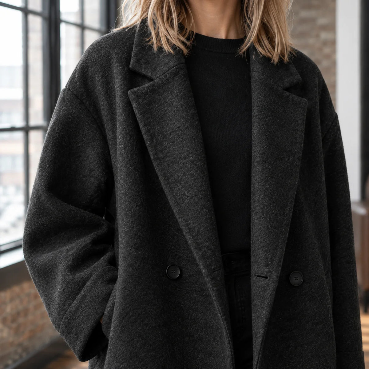 Samantha wool coat worn, lifestyle shot