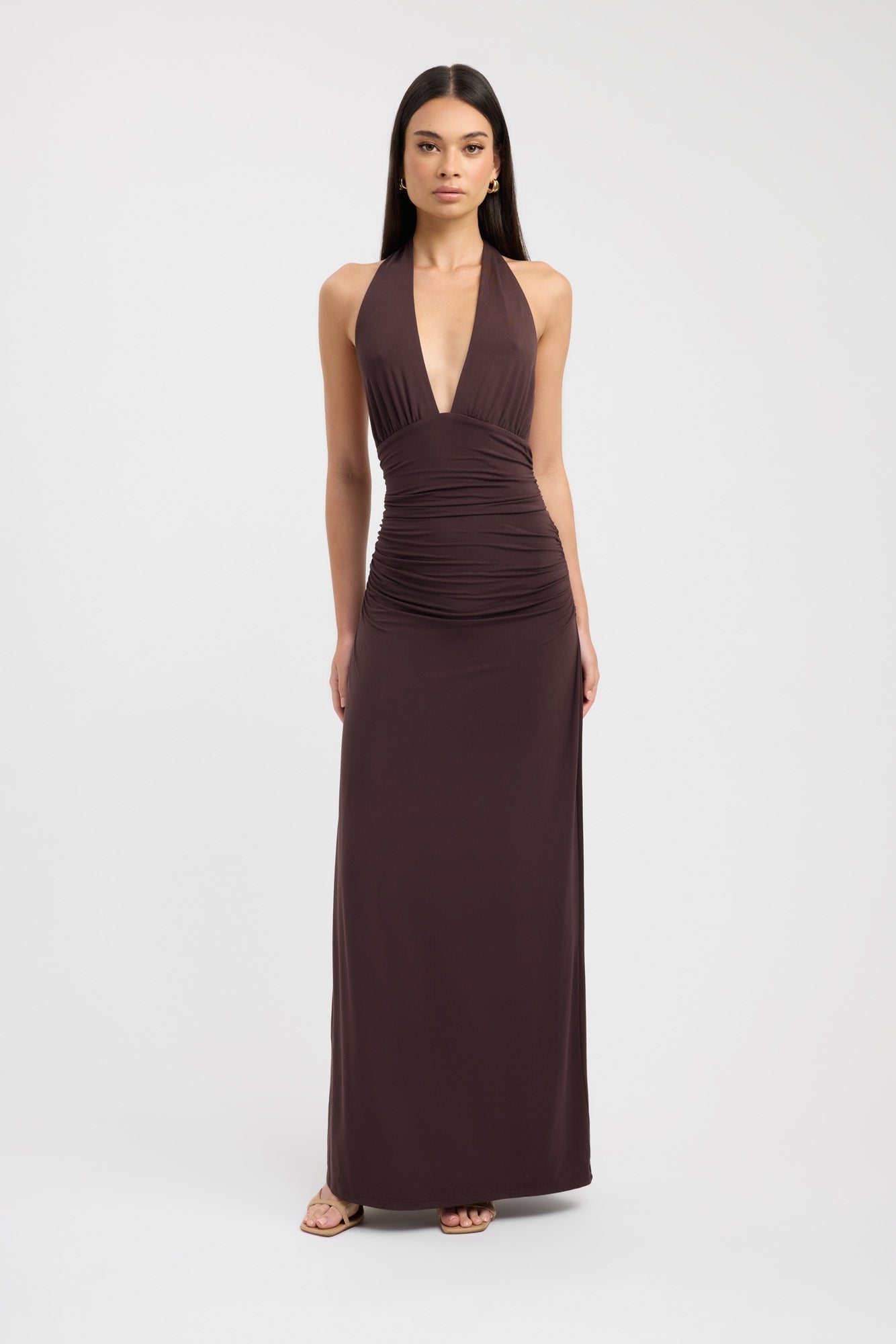 Dark Mahogany Halter Figure-Hugging Maxi Dress with Open Back