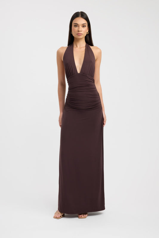 Dark Mahogany Halter Figure-Hugging Maxi Dress with Open Back