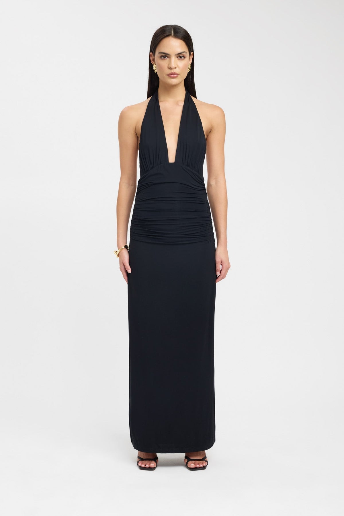 Black Halter Figure-Hugging Maxi Dress with Open Back