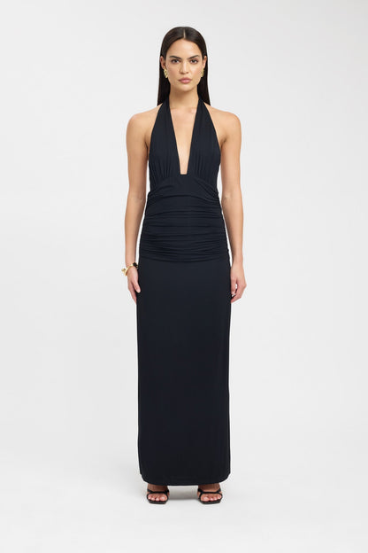 Black Halter Figure-Hugging Maxi Dress with Open Back