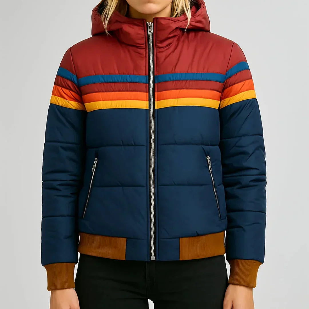 Women's navy blue retro stripe quilted puffer jacket