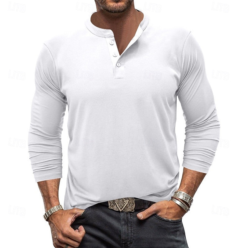 White Men's Classic Button-Placket Henley Shirt