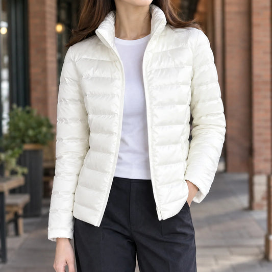Women's white cashmere puffer jacket with stand collar