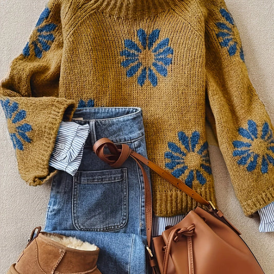 Women's Blossom-Knit Sweater, High Neck Winter Top