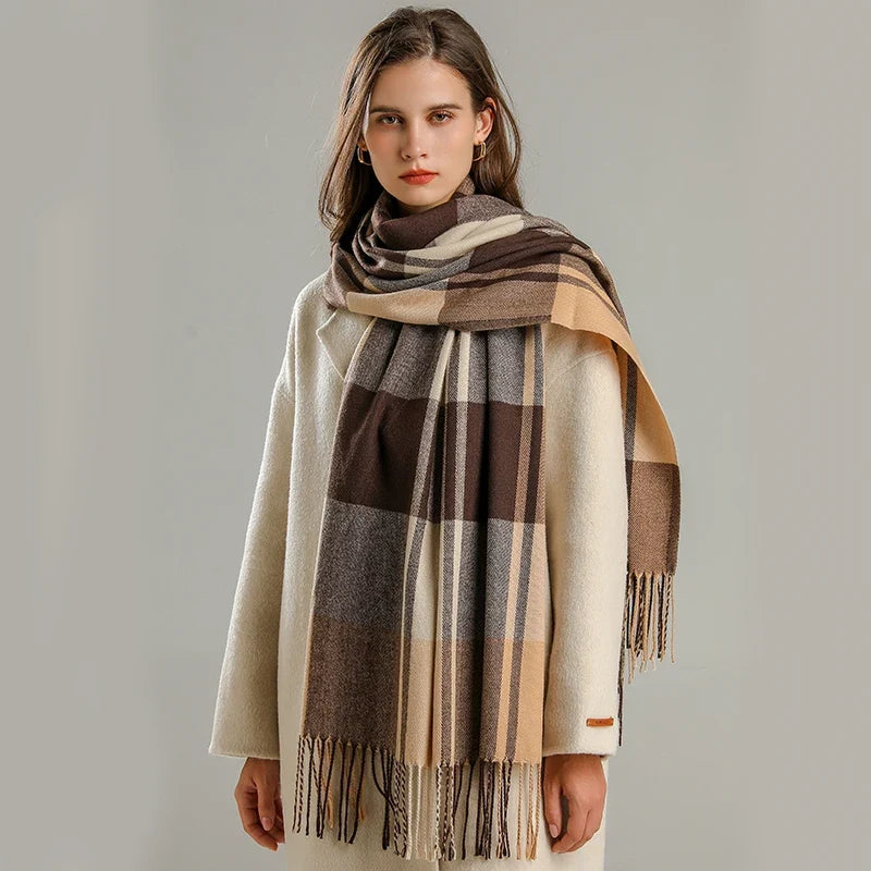 Brown cashmere blend plaid scarf with fringed edges