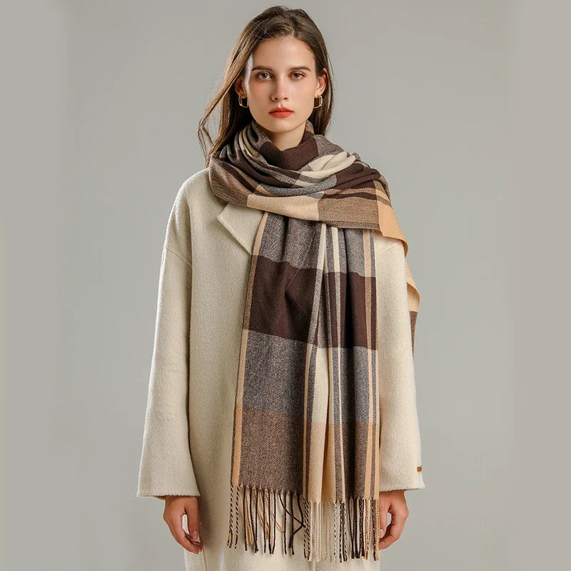 Cashmere blend plaid scarf with fringed edges