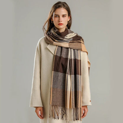 Cashmere blend plaid scarf with fringed edges