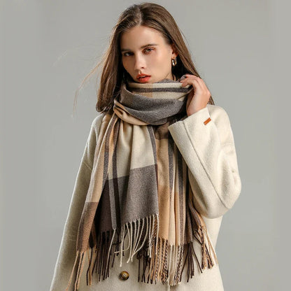 Cashmere blend plaid scarf with fringed edges