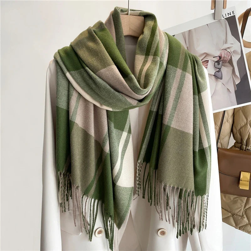 Emerald green cashmere blend plaid scarf with fringed edges