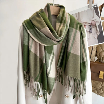 Emerald green cashmere blend plaid scarf with fringed edges