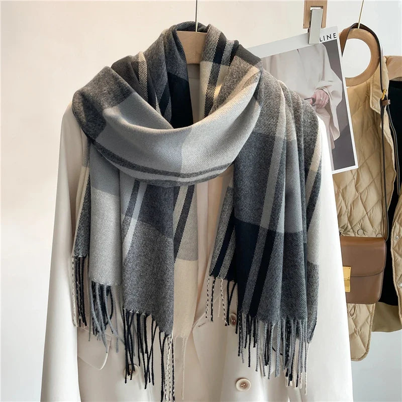 Gray cashmere blend plaid scarf with fringed edges
