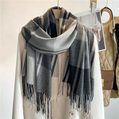 Gray cashmere blend plaid scarf with fringed edges
