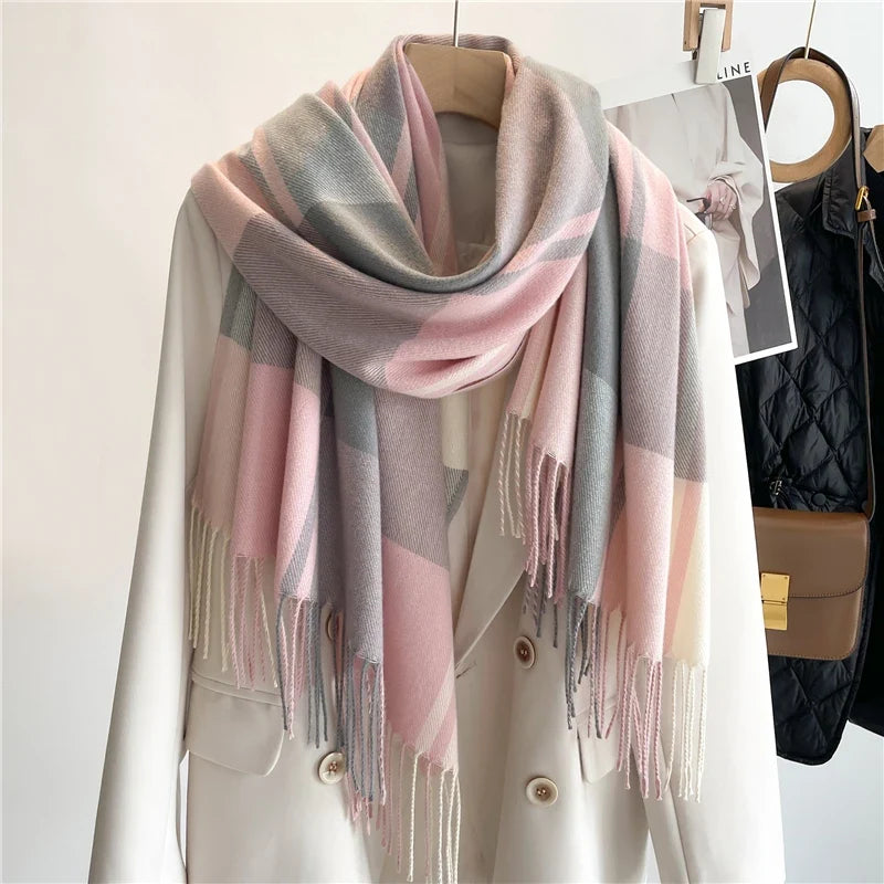 Pink cashmere blend plaid scarf with fringed edges