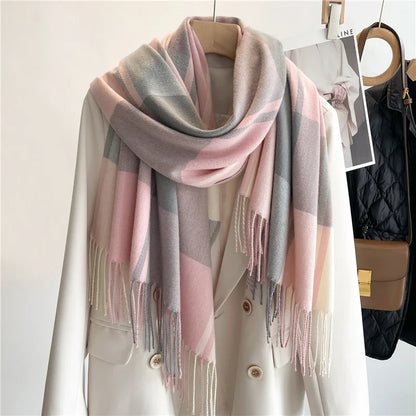 Pink cashmere blend plaid scarf with fringed edges