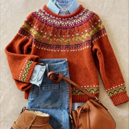 Women's red vintage Nordic pattern knit sweater
