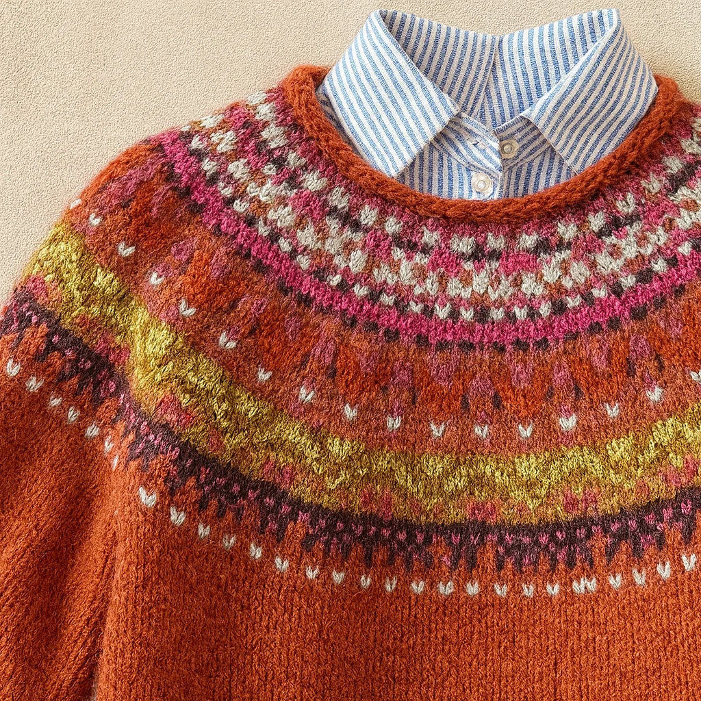 Women's red vintage Nordic pattern knit sweater