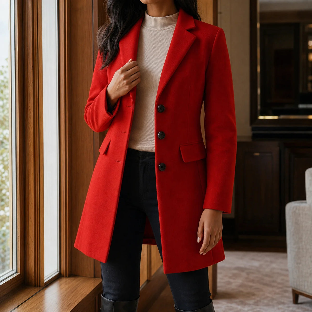 Women's red wool coat with notched lapels