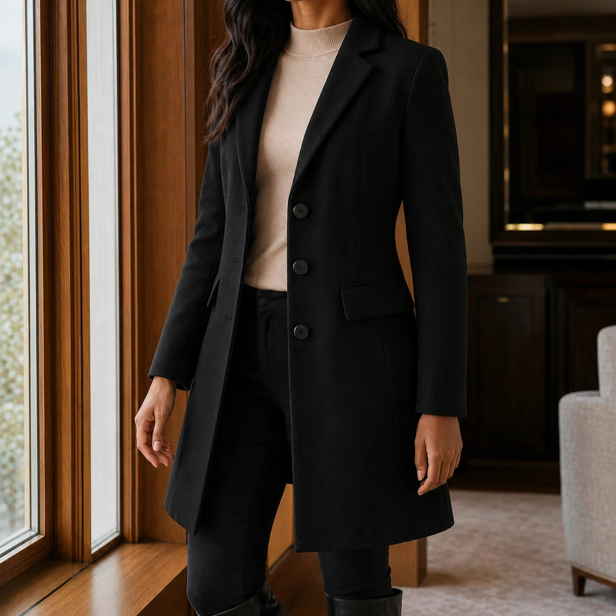 Women's light pink wool coat, button front detail
