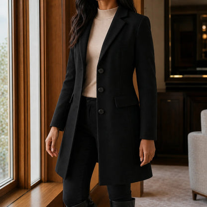 Women's light pink wool coat, button front detail