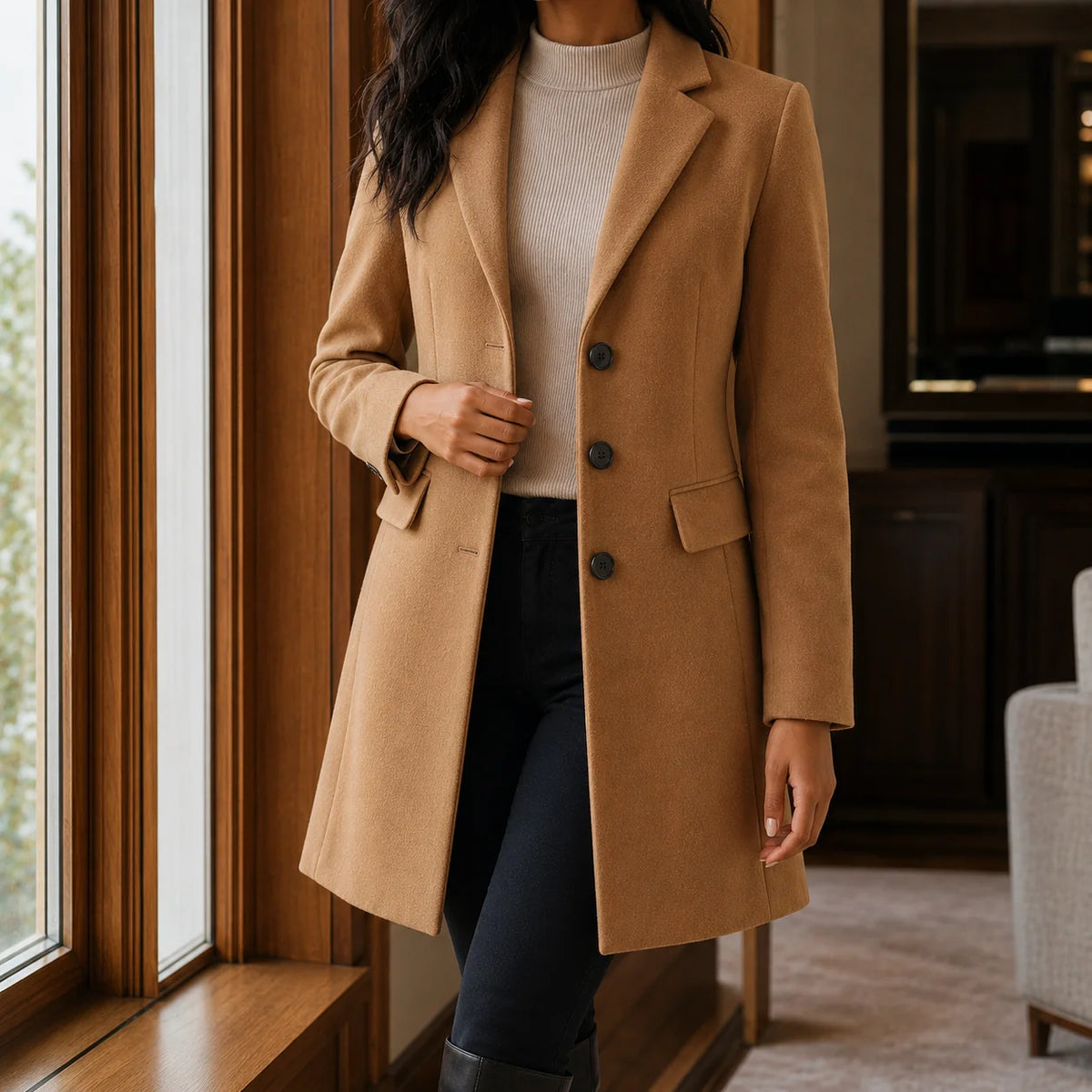 Women's blue wool coat with notched lapel collar