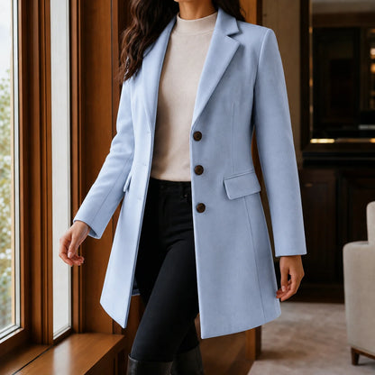 Women's burgundy wool coat, close-up of lapel